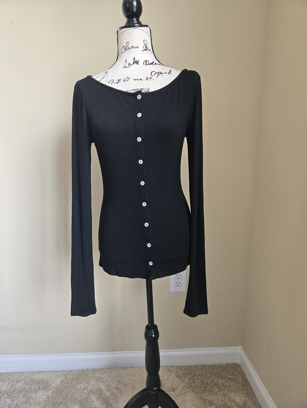 Lovers And Friends Ribknit Stretch Top Womens M Black Button Front